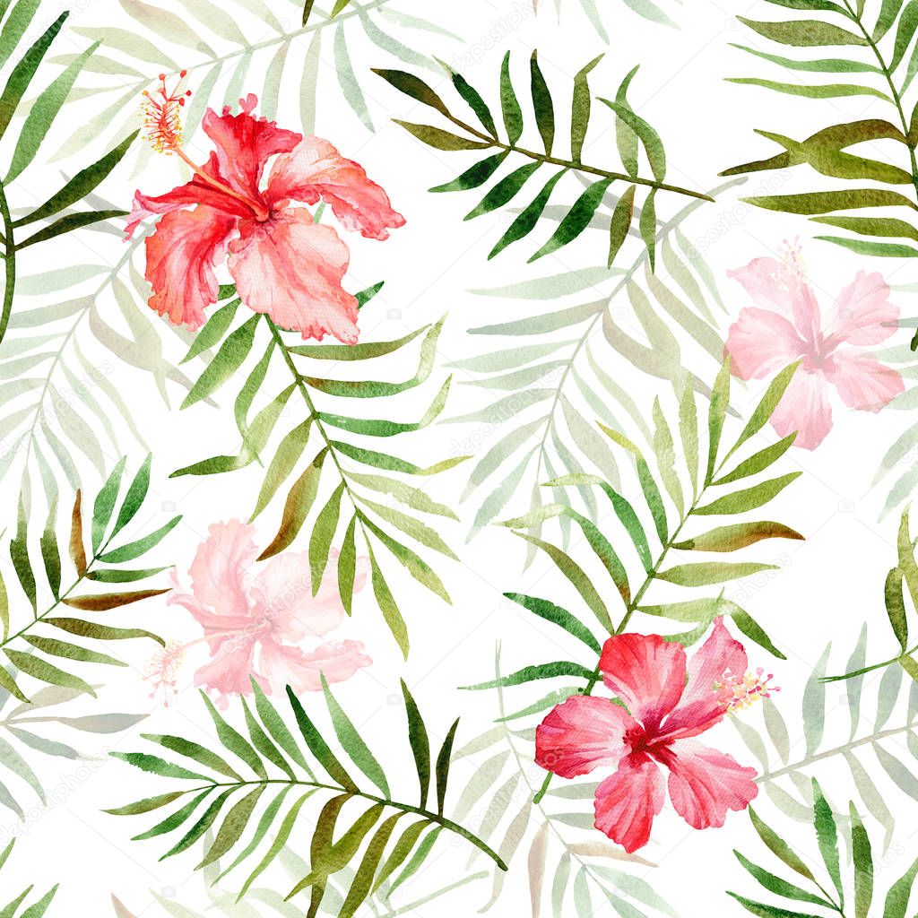 Seamless pattern with watercolor with tropical flowers and leave