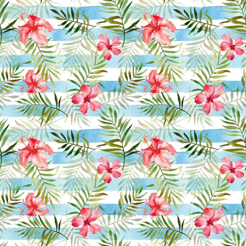 Seamless pattern with watercolor tropical flowers and leaves on 