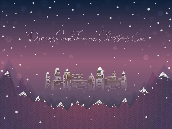 View from the snow-capped mountains to the cityscape in the misty twilight. Winter Christmas mood. — Stock Vector