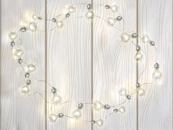 Fond en bois vectoriel blanc avec ampoules . — Image vectorielle