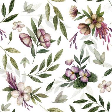 Beyaz arkaplanda çiçekler olan kusursuz desen.