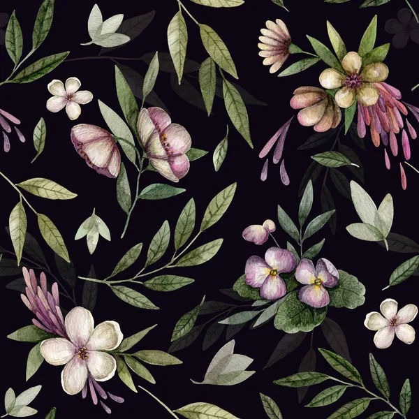 Naadloos patroon met bloemen op donkere achtergrond. — Stockfoto