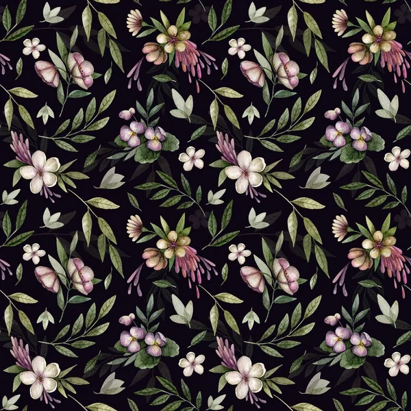 Nahtloses Muster mit Blumen auf dunklem Hintergrund. — Stockfoto