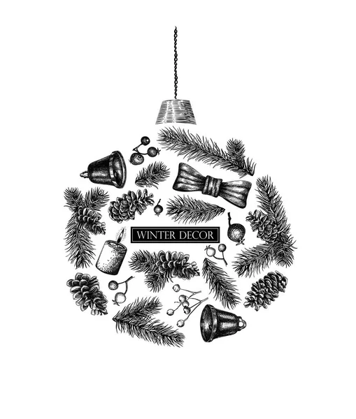 Χειμώνα στοιχεία συλλέγονται με τη μορφή μια σφαίρα-παιχνίδι για ένα χριστουγεννιάτικο δέντρο. — Διανυσματικό Αρχείο