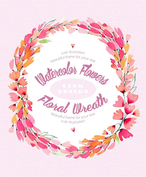 Watercolor Background Lovely Wreath Frame Made Pink Flowers Use Greeting — Stock Photo, Image