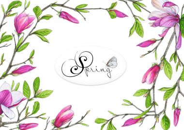 Tebrikler ya da yeşil ve pembe renklerde düğün davetleriniz için şablon. Resimde işaretleri, Manolya ve dallar ile güzel bileşimi tarafından bırakır.