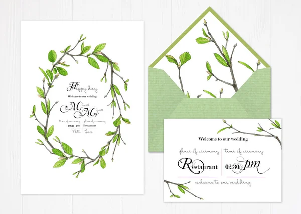 Conjunto Dois Modelos Para Saudações Convites Casamento Cores Verdes Ilustração — Fotografia de Stock