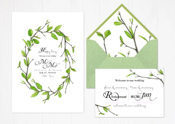 Set Two Templates Greetings Wedding Invitations Green Colors Illustration Markers — Stock Photo, Image