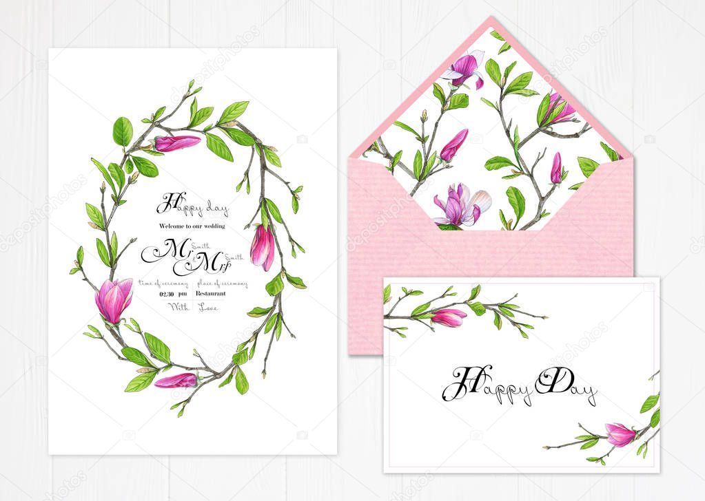 Set of two templates for greetings or invitations to the wedding in green and pink colors. Illustration by markers, a beautiful background with compositions of magnolias and twigs with leaves.