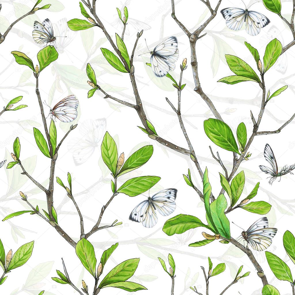 Seamless pattern, weave branches with green foliage and white butterflies.. Illustration by markers, beautiful floral composition on a white background.