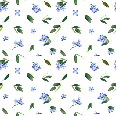 Seamless pattern, blooming blue lilac and green foliage. Illustration by markers, beautiful floral composition on a white background. Imitation of watercolor drawing. clipart