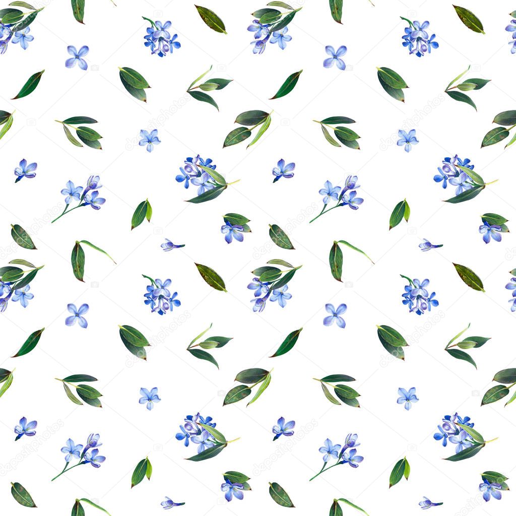 Seamless pattern, blooming blue lilac and green foliage. Illustration by markers, beautiful floral composition on a white background. Imitation of watercolor drawing.
