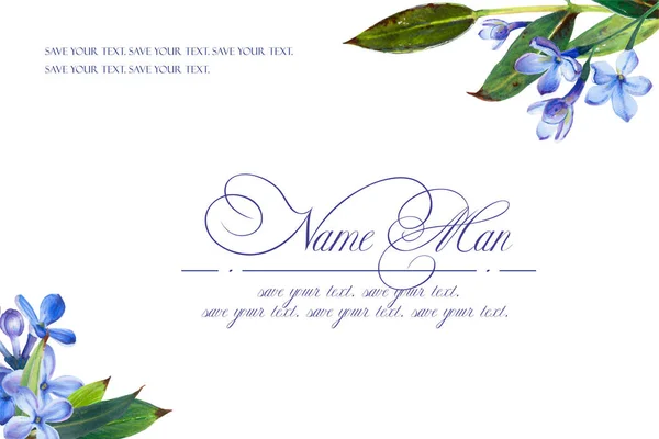 祝贺或邀请婚礼的蓝色颜色的模板 插图由标记 美丽的组成丁香和树枝与树叶 仿水彩画 — 图库照片