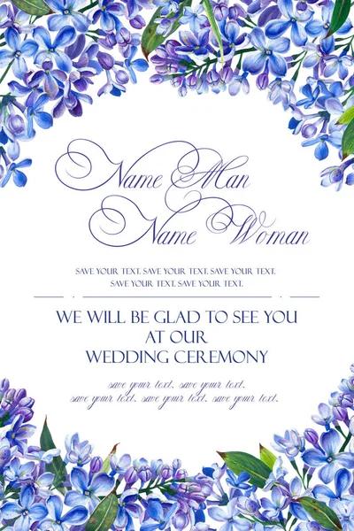 祝贺或邀请婚礼的蓝色颜色的模板 插图由标记 美丽的丁香和树叶组成 仿水彩画 — 图库照片