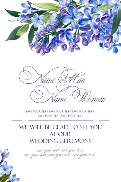 祝贺或邀请婚礼的蓝色颜色的模板 插图由标记 美丽的组成丁香和树枝与树叶 仿水彩画 — 图库照片