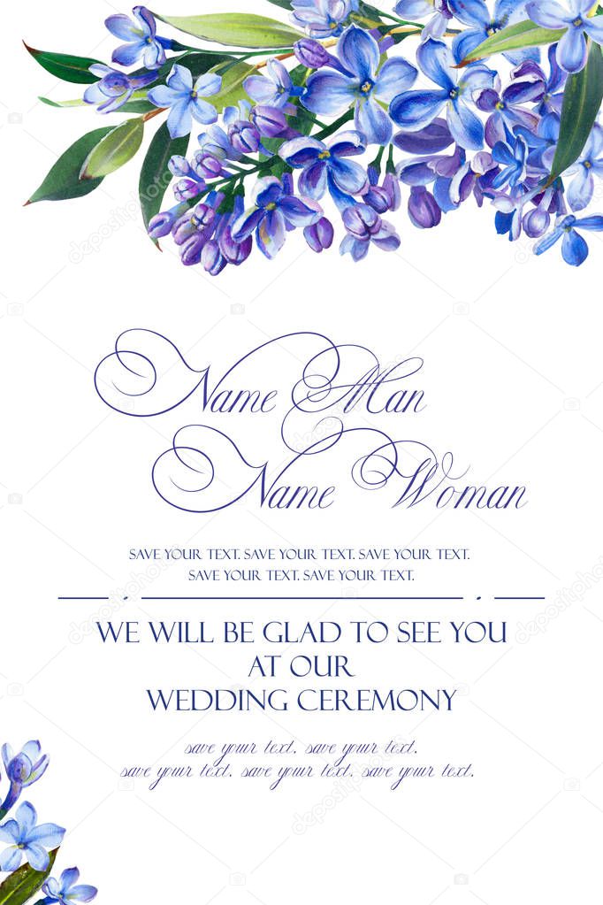 Template for congratulations or invitations to the wedding in blue colors. Illustration by markers, beautiful composition of lilac and twigs with leaves. Imitation of watercolor drawing.