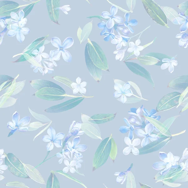 Seamless Pattern Blooming Blue Lilac Green Foliage Illustration Markers Beautiful — Stock Photo, Image