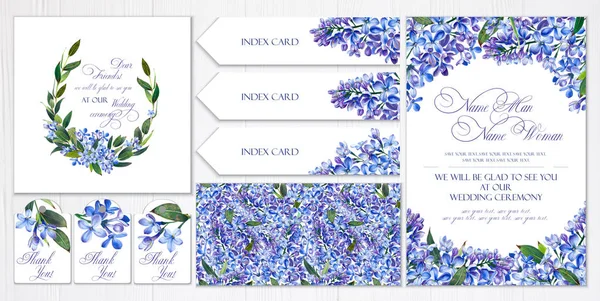 Set Templates Greetings Invitations Wedding Blue Flowers Lilac Twigs Leaves — Stock Photo, Image