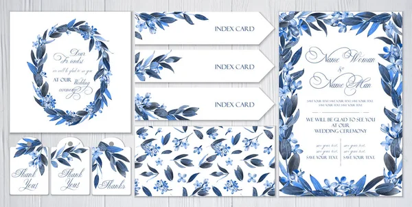 ご挨拶用のテンプレート 結婚式への招待のセットです ブルー ライラックと葉と枝 マーカーによるアート 招待状 カード レターヘッド テーブル シームレスなパターンの番号します — ストック写真