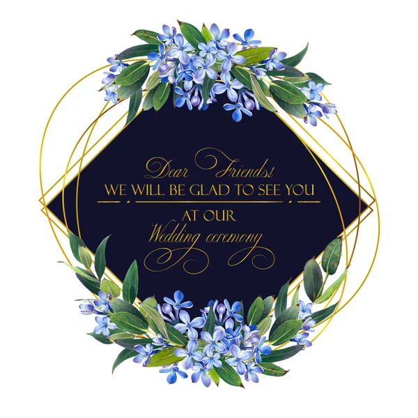 お祝いや青い色の結婚式への招待状のテンプレートです マーカー ライラックの美しい組成によるイラストを残します 水彩図面の模倣 — ストック写真