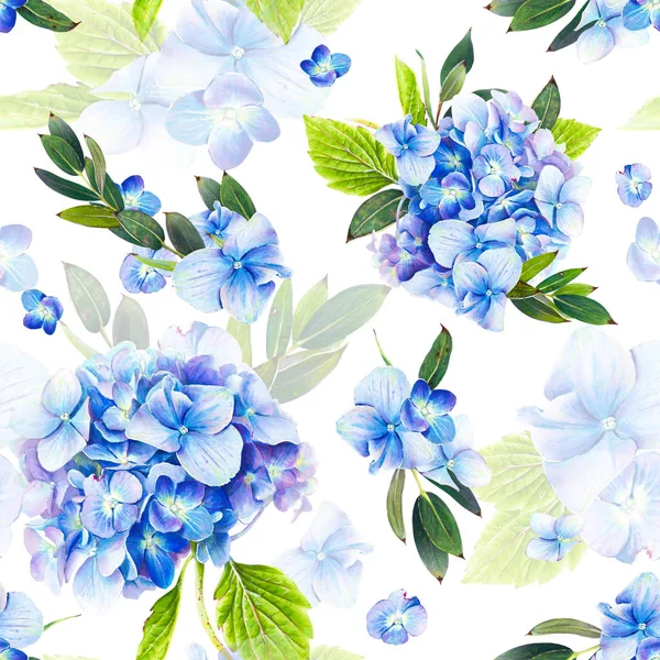 シームレスなパターン 咲く青いアジサイとグリーンの葉 イラスト マーカー 白地に美しい花の構図 水彩図面の模倣 — ストック写真