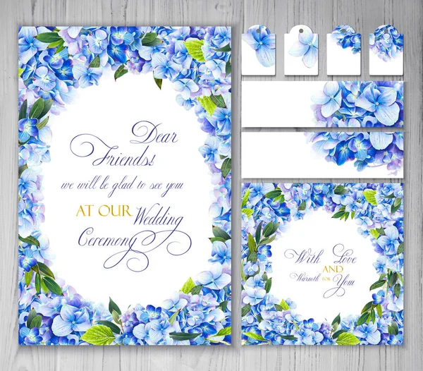 Set of templates for greetings or invitations to the wedding. Blue flowers of hydrangea. Illustration by markers: invitation card, letterhead, numbering for tables and tag personal. Imitation of watercolor drawing.