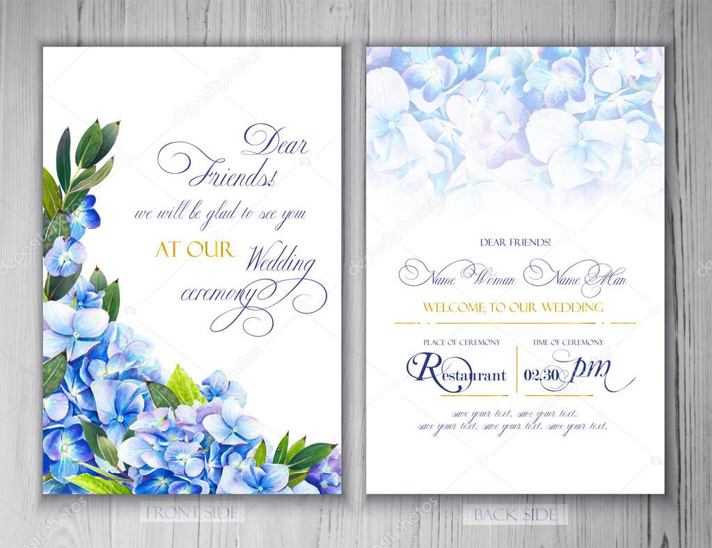 Set of templates for greetings or invitations to the wedding.  Illustration by markers, beautiful composition of hydrangea and leaves. Imitation of watercolor drawing.