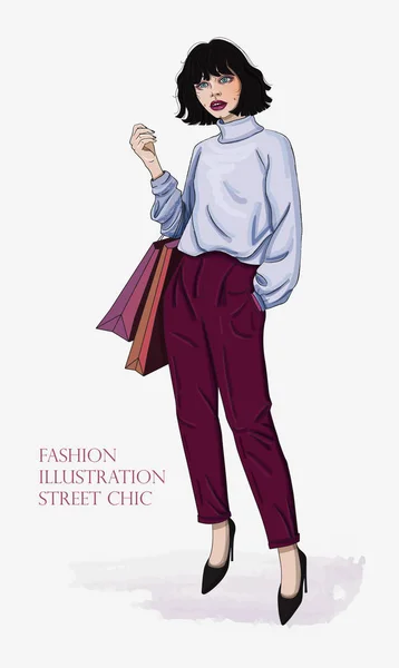 ブルゴーニュパンツのスタイリッシュなブルネット ファッションイラスト ウールのセーターと靴の中の女性の紙袋を保持 — ストックベクタ
