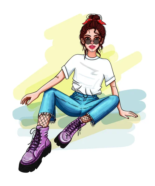 Fille Dans Shirt Blanc Lunettes Jeans Déchiré Bottes Lilas Assis — Image vectorielle