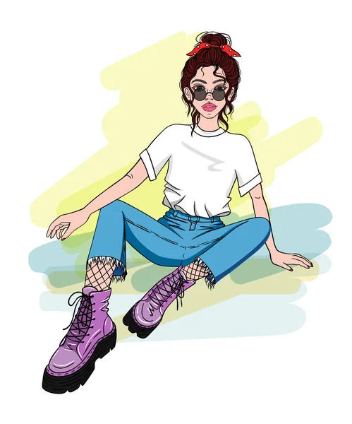 Girl White Shirt Glasses Ripped Jeans Lilac Boots Sits Ground — Stock Vector