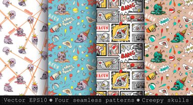 Four seamless patterns with skulls, superheroes circus elements and evil clown. Comic book, pop art. Halloween. clipart