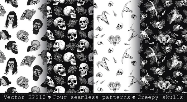 Four Seamless Patterns Human Animal Skulls Beards Palm Leaves Heads — Stock Vector