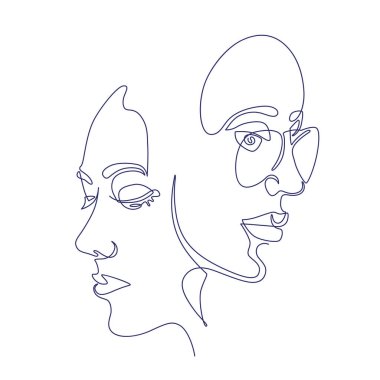 Devamlı sıra, iki kadın yüzü. Soyut, modern sanat. Moda konsepti, tasarım için bir satır çizimi.
