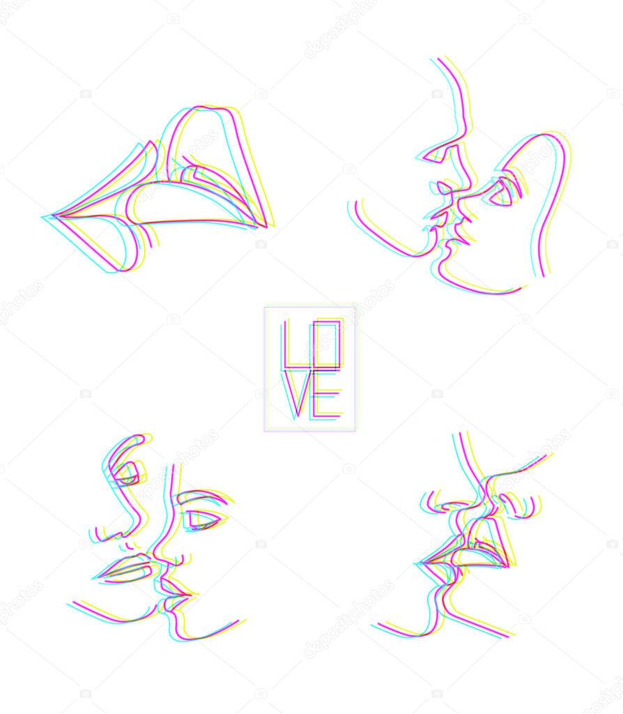 Kissing couple, kiss, lips. Glitch, 3D effect line,chromatic aberration. Abstract, modern art. One line drawing for use in design.