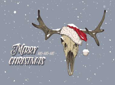 Kırmızı şapkalı geyik kafatası. Karda Noel Baba şapkası. Tişörtler, çeşitli baskı ve posterler için yazdır.