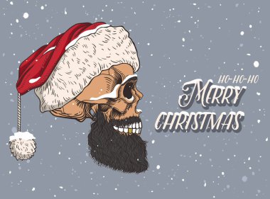 Karlı kırmızı şapkalı sakallı erkek kafatası. Noel Baba 'nın iskeleti. Tişörtler, çeşitli baskı ve posterler için yazdır.