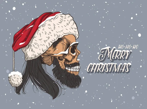 Crânio Macho Barbudo Com Chapéu Vermelho Nevado Esqueleto Pai Natal — Vetor de Stock