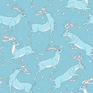 Beyaz boynuzlu mavi geyik. Geyik boynuzları ve kar yağışıyla kusursuz desen.