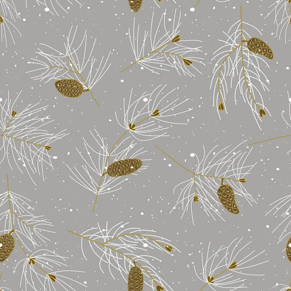 モミの枝 針葉樹とコーンのシームレスなパターン 黄土色 — ストックベクタ