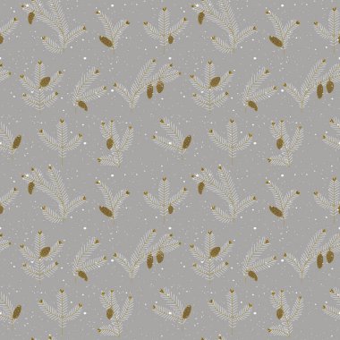 Köknar dalları, kozalaklar ve kozalakların kusursuz deseni. Gri, beyaz ve okher renkleri.