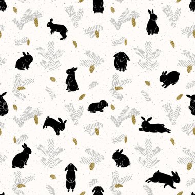 Köknar dalları ve külahları ile kusursuz desen, orman siyah tavşanları. Sevimli çizgi film çocukları çiziyor..