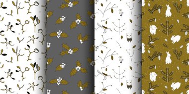 Köknar ve ökseotu dalları, koniler, kuşlar ve baykuşlar, sevimli tavşanlar ve kutsal yapraklarla kusursuz desenler..