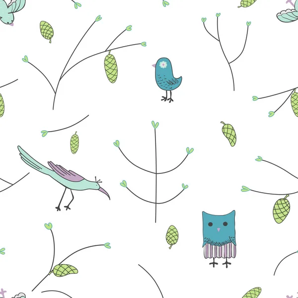 Seamless Pattern Fir Branches Cones Forest Bird Owl Cute Cartoon — Stock Vector