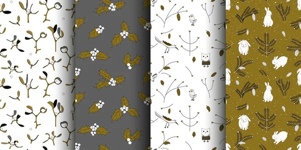 Ensemble Motifs Sans Couture Avec Branches Sapin Gui Cônes Oiseaux — Image vectorielle