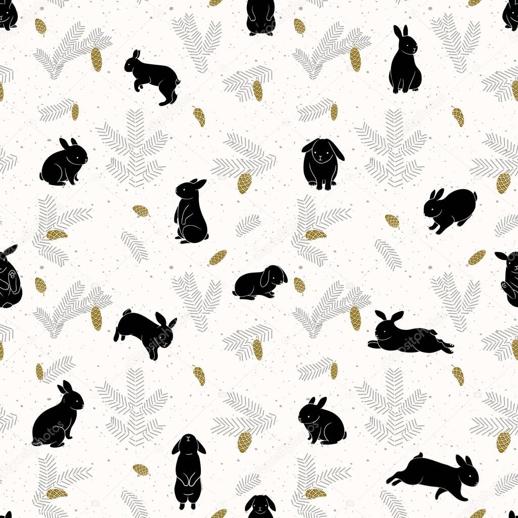 Seamless pattern with fir branches and cones, forest black rabbits. Cute cartoon children drawing.