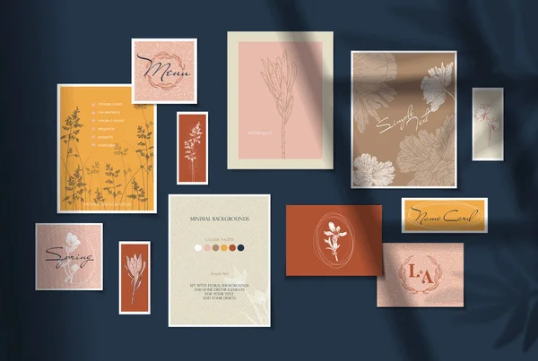 Set Von Vorlagen Für Hochzeitshintergründe Grußkarten Flyer Design Minimalistischer Stil — Stockvektor