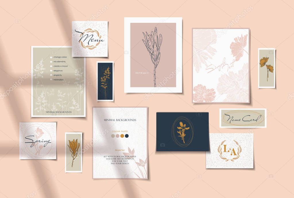 Set of templates for wedding backgrounds, greeting cards, flyer design.  Minimalist style. Delicate flowers, one line drawing. Sun shadows.
