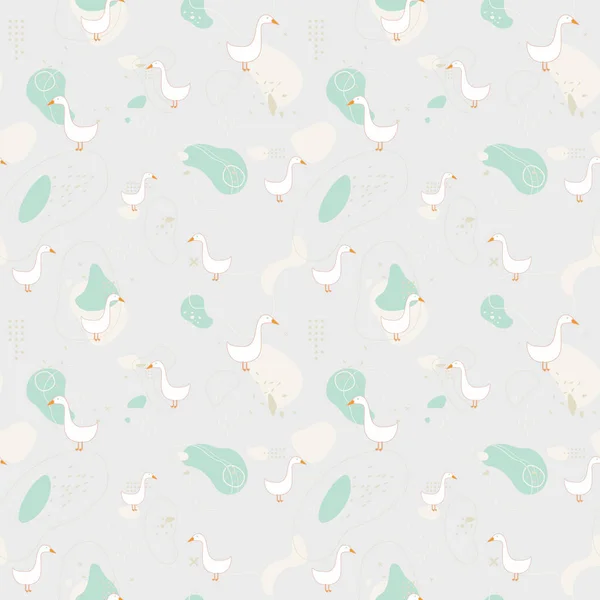 Seamless Pattern White Cartoon Geese Abstract Pastel Background Dots Lines — Stock Vector