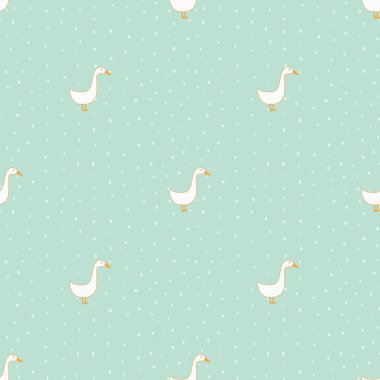 Kusursuz desen. Noktalı turkuaz arka planda beyaz çizgi film kazları.