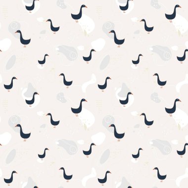 Kusursuz desen. Soyut pastel arka planda, üzerinde noktalar, çizgiler ve yuvarlak şekiller olan çıplak mavi veya siyah renkli kazlar..